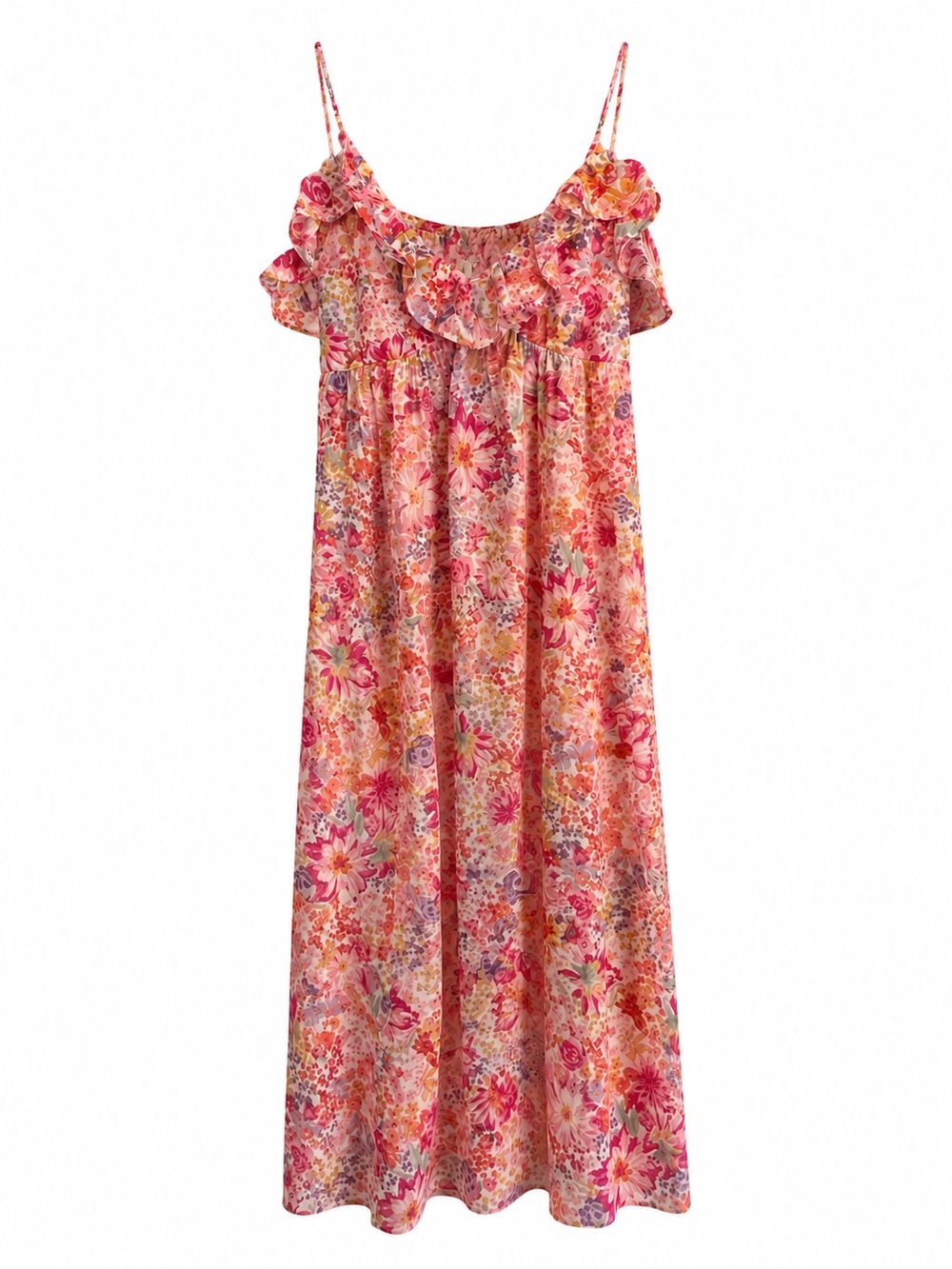 H&M Pink Floral Midi Dress with Ruffle Neckline